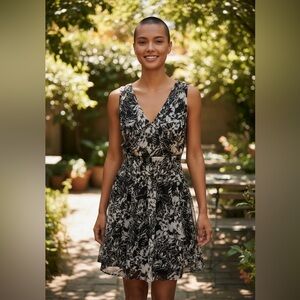 Paraphrase Black and White Silk Floral Midi Dress